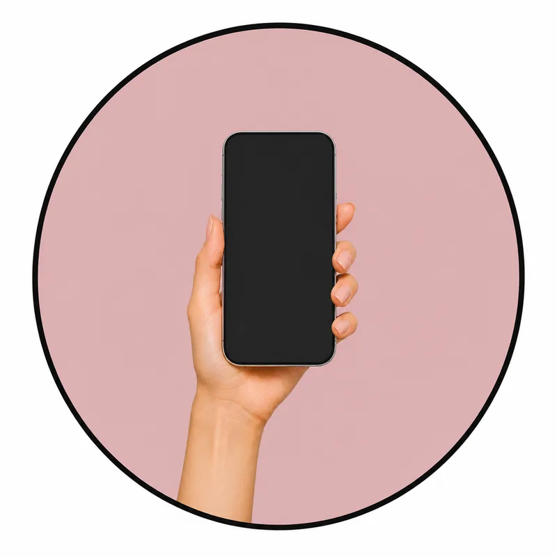 A hand holding a phone with a blank screen